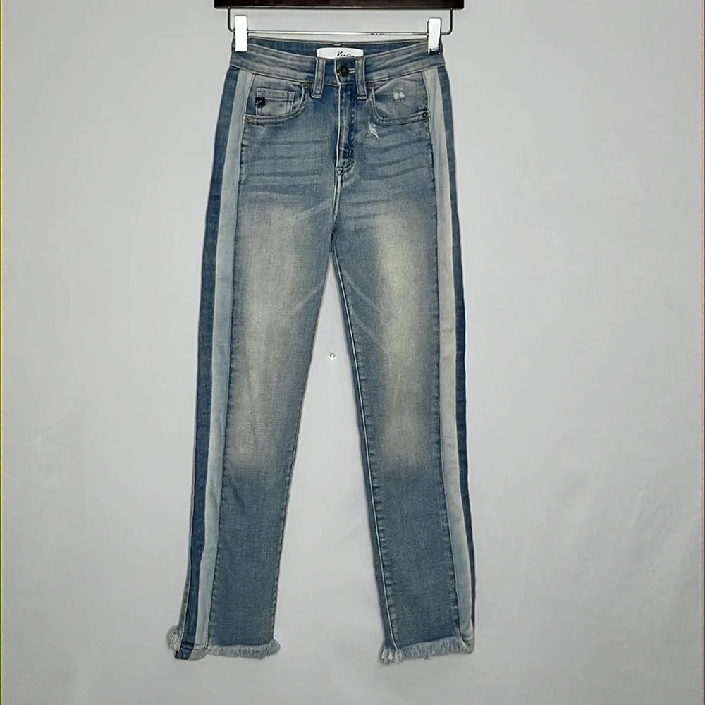 KanCan Side Stripe Raw Fringed Hem Straight Leg Jeans - Size 24